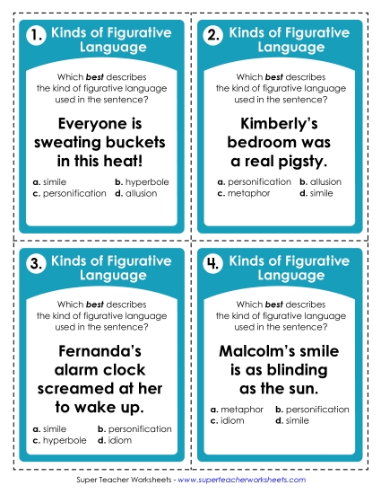 Figurative Language (Multiple Kinds) - Task Cards: Kinds of Figurative Language (Printable PDF Worksheet)