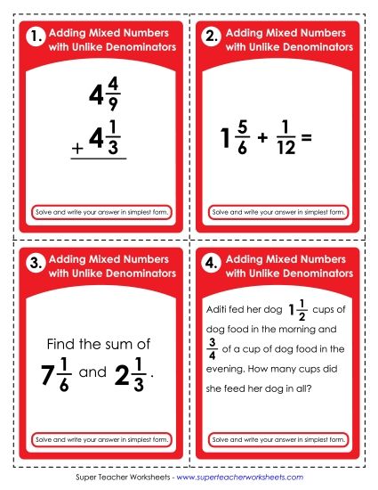 Adding Mixed Numbers: Different Denominators - Task Cards: Mixed Number Addition (Unlike Denominators) (Printable PDF Worksheet)