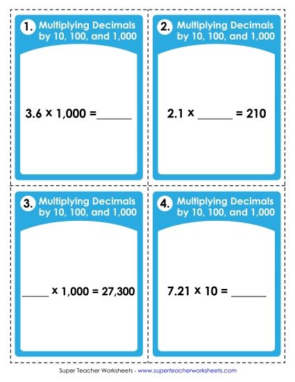Multiplying Decimals By 1-Digit Numbers - Task Cards: Multiplying Decimals by 10, 100, and 1,000 (Printable PDF Worksheet)