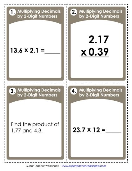 Multiplying Decimals By 1-Digit Numbers - Task Cards: Multiplying Decimals by 2-Digit Numbers (Printable PDF Worksheet)