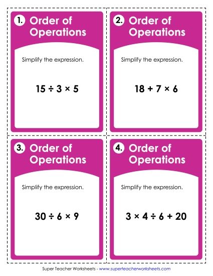 Task Cards: Order of Operations (Basic: No Parentheses) (Printable PDF Worksheet)