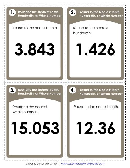 Nearest Tenth, Hundredth, Whole Number (Mixed) - Task Cards: Rounding to Nearest Whole Number, Tenth, or Hundredth (Printable PDF Worksheet)