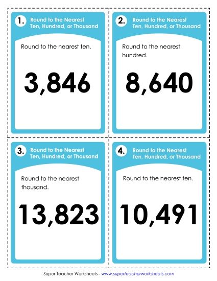 Rounding Ten, Hundred, Thousand (Mixed) - Task Cards: Rounding to the Nearest Ten, Hundred, Thousand (Printable PDF Worksheet)