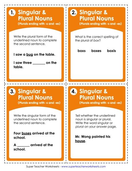 Singular & Plural Nouns - Task Cards: Singular and Plural Nouns (Nouns ending in -s and -es) (Printable PDF Worksheet)