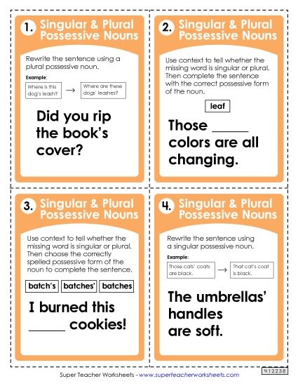 Singular & Plural Possessive - Task Cards: Singular and Plural Possessive Nouns (Printable PDF Worksheet)