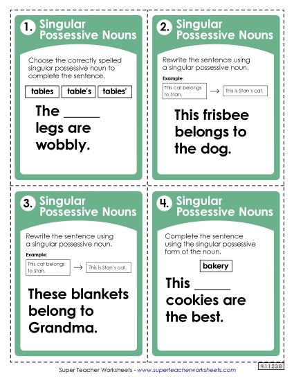 Singular Possessive Only (Basic) - Task Cards: Singular Possessive Nouns (Printable PDF Worksheet)