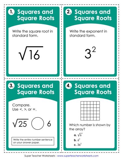Task Cards: Squares & Square Roots (Printable PDF Worksheet)