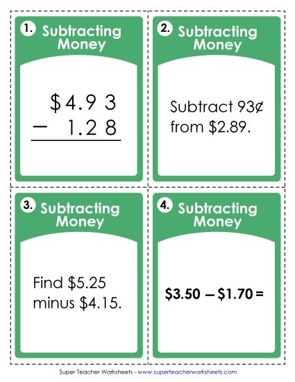 Math Games and Task Cards - Task Cards Subtracting Money (Printable PDF Worksheet)