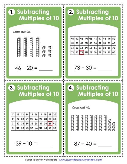 Subtracting Multiples of 10 - Task Cards: Subtracting Multiples of 10 (Printable PDF Worksheet)