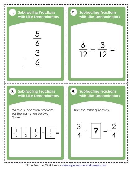 Subtracting Fractions: Same Denominator - Task Cards: Subtraction Fractions w/ Like Denominators (Printable PDF Worksheet)