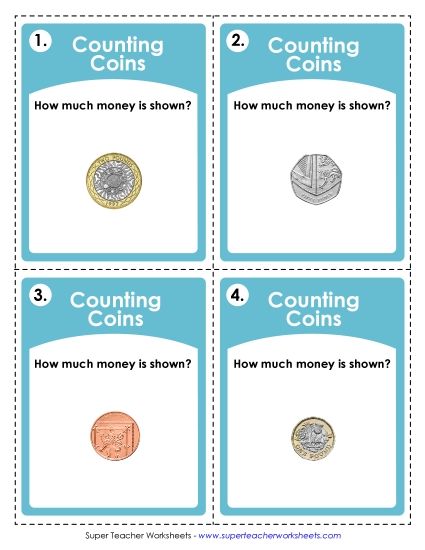 Modern Coins - Task Cards: UK Pounds (Basic Level) (Printable PDF Worksheet)