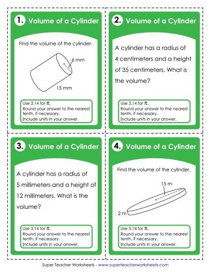 Level: Basic - Task Cards: Volume of a Cylinder (Printable PDF Worksheet)