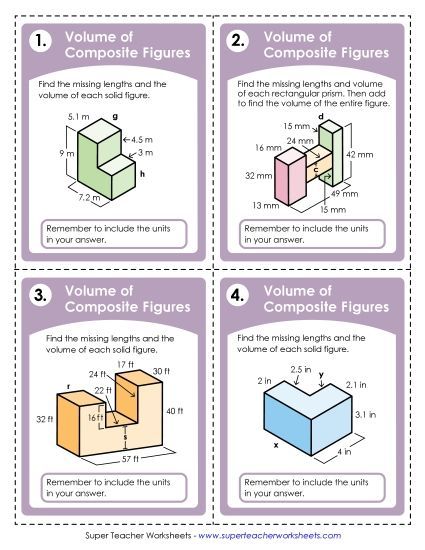 Advanced: Some Missing Lengths Decimal & 2-Digit Lengths - Task Cards: Volume of Composite Figures (Advanced) (Printable PDF Worksheet)