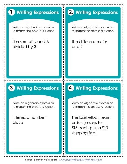 Level: Advanced (2-Step w/ Parenthesis) - Task Cards: Writing Expressions (Printable PDF Worksheet)