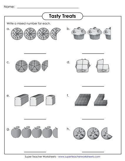 Mixed Numbers (Basic Concept) - Tasty Treats - Mixed Numbers (Printable PDF Worksheet)
