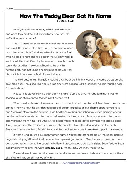 Nonfiction Articles - Teddy Bear (True Story) (Printable PDF Worksheet)