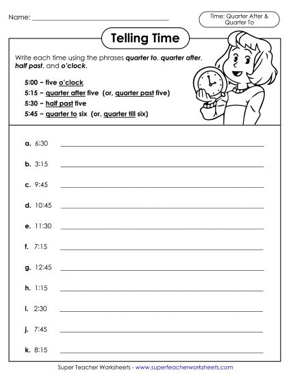 Quarter Hours - Telling Time Activity (Quarters) (Printable PDF Worksheet)