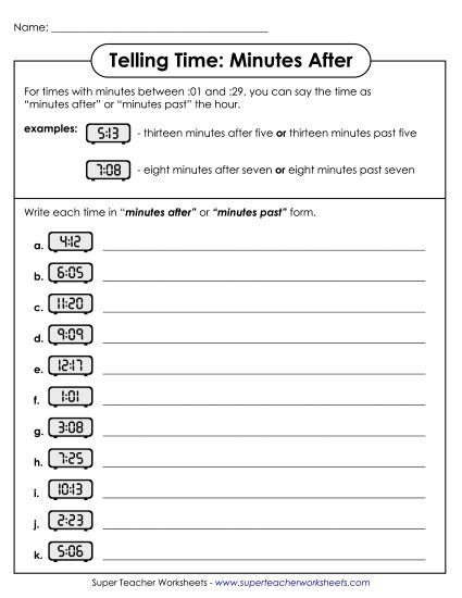 Reading Clocks: Nearest Minute - Telling Time Worksheet (Minutes After) (Printable PDF Worksheet)