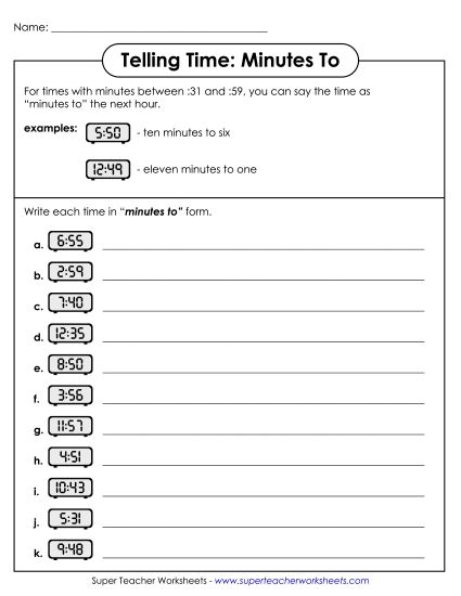 Reading Clocks: Nearest Minute - Telling Time Worksheet (Minutes To) (Printable PDF Worksheet)