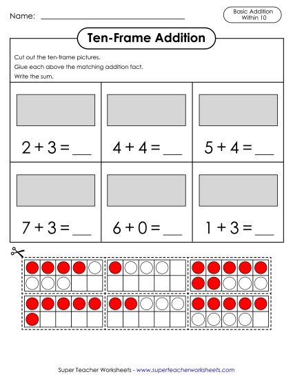 Ten-Frame Addition - Ten-Frame Addition (Cut and Glue) (Printable PDF Worksheet)