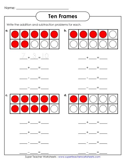Worksheets - Ten Frame Fact Families (Printable PDF Worksheet)