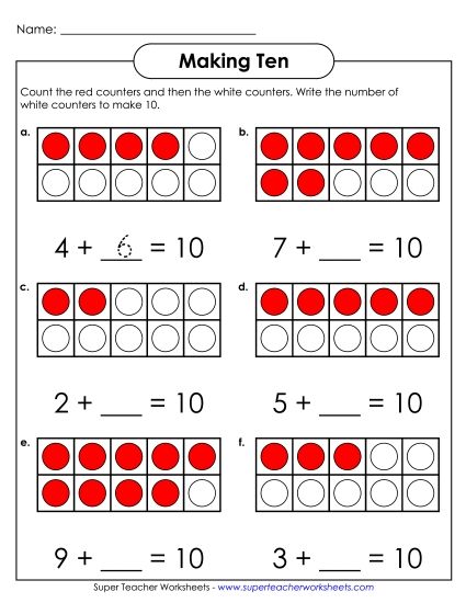 10-Frame Addition & Subtraction - Ten-Frame: Making Ten (Printable PDF Worksheet)