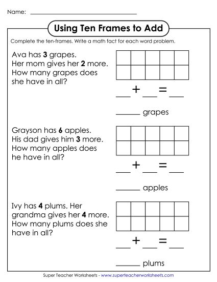 Ten-Frame Addition - Ten-Frame Word Problems (Printable PDF Worksheet)