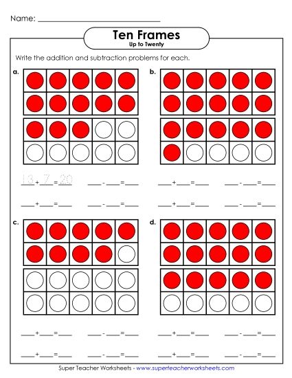 Ten Frame Fact Families - Ten Frames: Add and Subtract (Sums to 20) (Printable PDF Worksheet)
