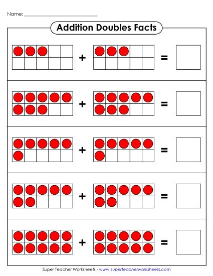 Graphical Concept Worksheets: Addition Doubles Facts - Ten Frames - Doubles Facts (Printable PDF Worksheet)