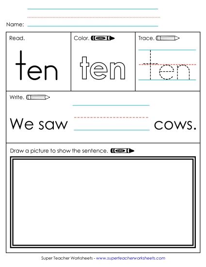 Individual Sight Words - Ten (Sight Word) (Printable PDF Worksheet)