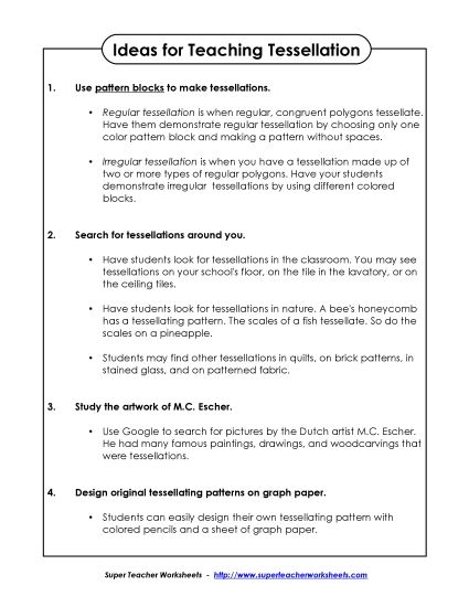 Tessellation Teaching Ideas (Printable PDF Worksheet)