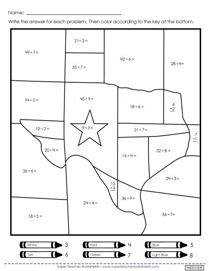 Math Worksheets - Texas Division Mystery Picture (Printable PDF Worksheet)