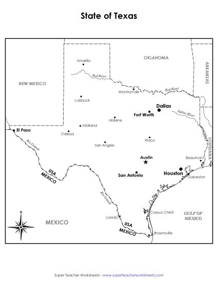 Maps - Texas State Map (Labeled) (Printable PDF Worksheet)