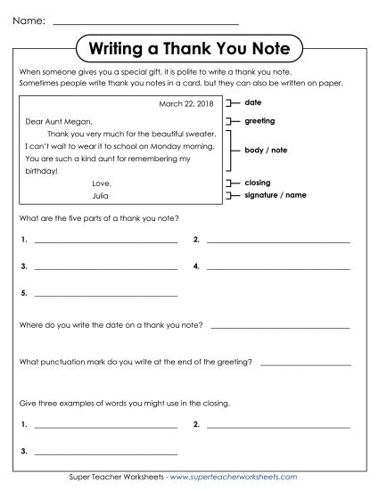 Letter-Writing Worksheets - Thank You Letter #1 (Printable PDF Worksheet)