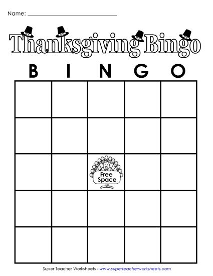 Thanksgiving Games, Puzzles, & Activities - Thanksgiving Bingo (Printable PDF Worksheet)