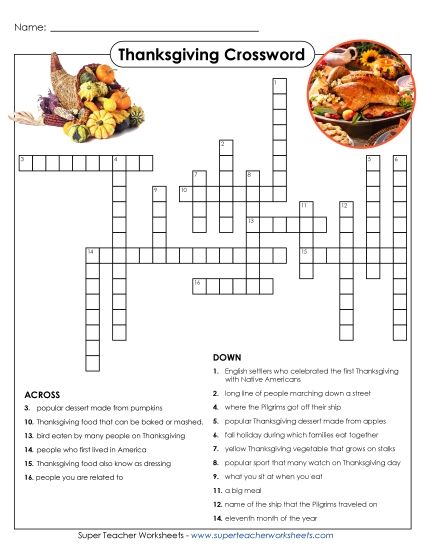 Thanksgiving Games, Puzzles, & Activities - Thanksgiving Crossword Puzzle (Printable PDF Worksheet)