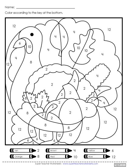 Thanksgiving Games, Puzzles, & Activities - Thanksgiving Double Mystery Picture  (Color-by-Number) (Printable PDF Worksheet)