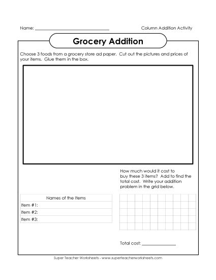 Thanksgiving Addition - Thanksgiving Grocery Math (Printable PDF Worksheet)