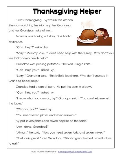 Thanksgiving Reading Comprehension - Thanksgiving Helper (Fiction) (Printable PDF Worksheet)