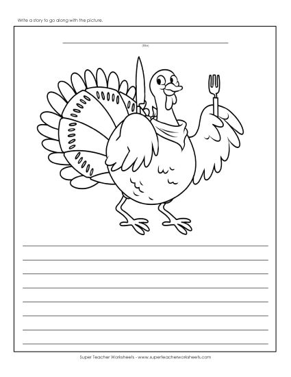 Writing Story Pictures - Thanksgiving - Turkey with Knife and Fork Story (Printable PDF Worksheet)