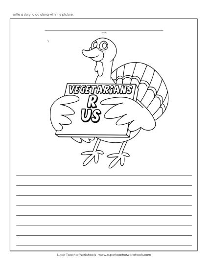 Writing Story Pictures - Thanksgiving - Vegetarian Turkey Writing Fun (Printable PDF Worksheet)