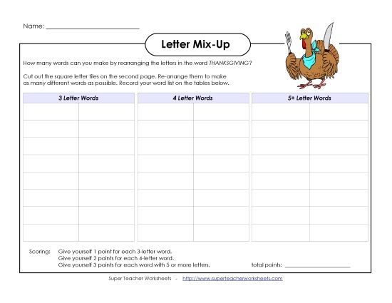 Thanksgiving Games, Puzzles, & Activities - Thanksgiving Word Mix-Up (Intermediate) (Printable PDF Worksheet)