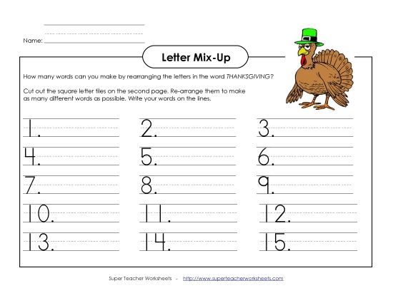 Thanksgiving Games, Puzzles, & Activities - Thanksgiving Word Mix-Up (Primary) (Printable PDF Worksheet)