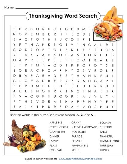 Thanksgiving Games, Puzzles, & Activities - Thanksgiving Word Search (Printable PDF Worksheet)