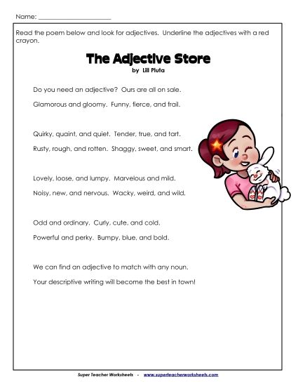Basic Adjectives - The Adjective Store (Poetry)  (Printable PDF Worksheet)