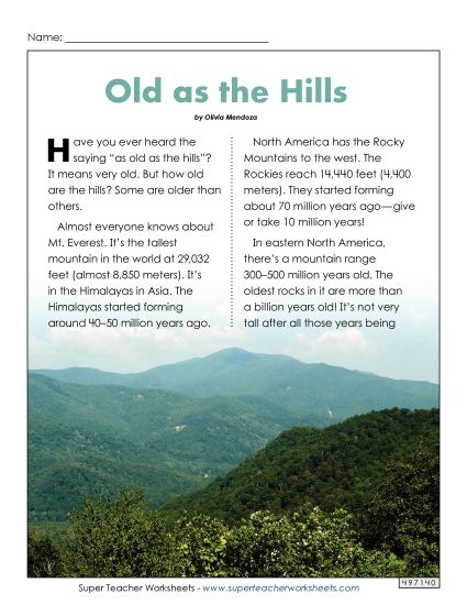 Reading Comprehension - The Appalachian Mountains (Full Worksheet) (Printable PDF Worksheet)