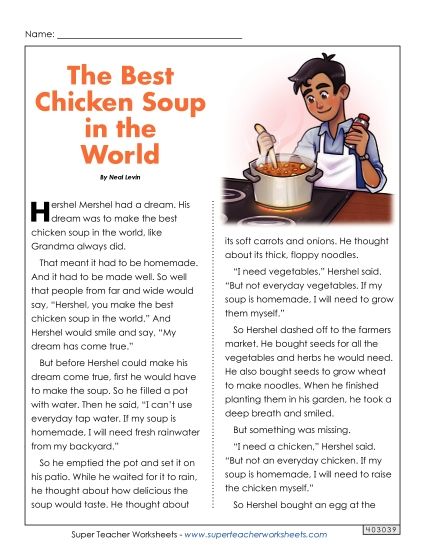 Fiction Stories - The Best Chicken Soup in the World  (Printable PDF Worksheet)