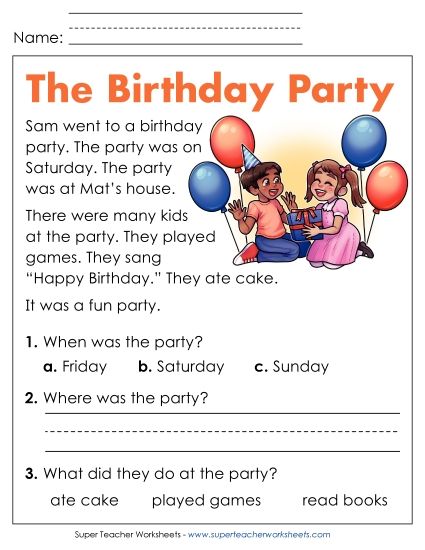 Reading Comprehension and  Additional ELA Skills - The Birthday Party (Printable PDF Worksheet)