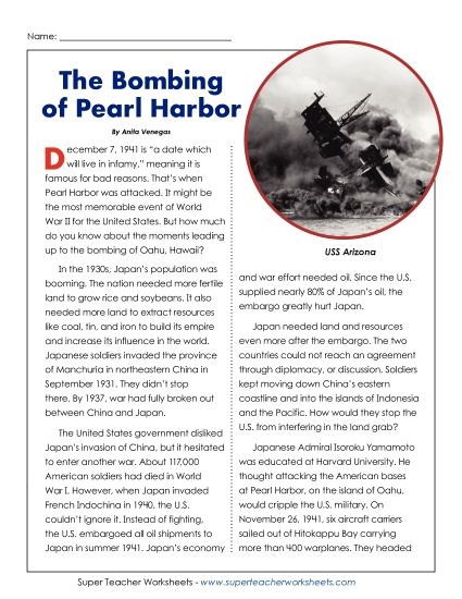 Reading Comprehension - The Bombing of Pearl Harbor in Hawaii (Printable PDF Worksheet)
