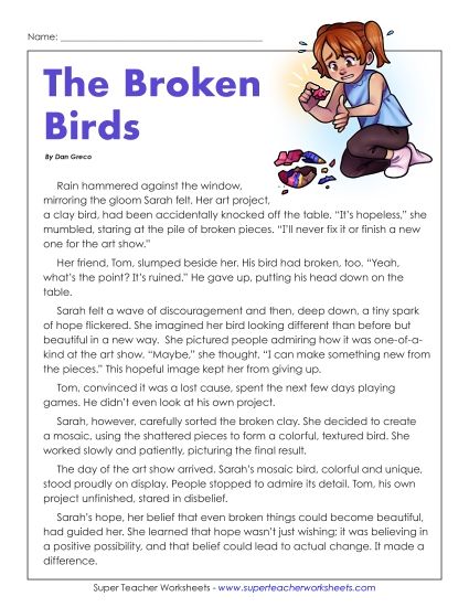 Reading Comprehension Passages - The Broken Birds (Hope) (Printable PDF Worksheet)